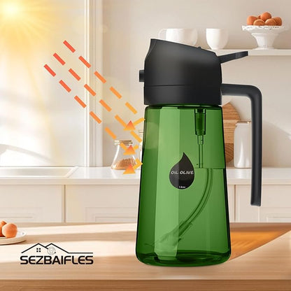 2 in 1 Oil Sprayer for Cooking, Olive Oil Dispenser Bottle for Kitchen Spray and Pour, 16oz/470ml Light-Blocking Dark Green Glass Bottle, Food-Grade Oil Mister for Air Fryer Cream Cap
