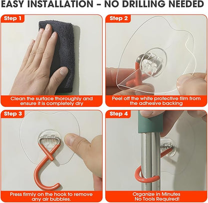 No Drill Large Adhesive Wall Hooks,Broom Holder for Wall,Heavy Duty Mop Hooks with Extra Adhesive Pad,75LB load capacity,3.35x2.95in Adhesive Pad for Garage Kitchen Bathroom Organization (2, Orange)