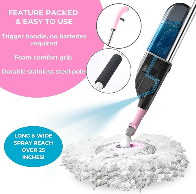 True & Tidy® Clean Everywhere Spray Mop Kit with 3 Interchangeable Heads & Refillable Tank - Flat, Round, Squeegee (Pink)