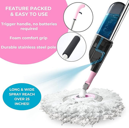 True & Tidy® Clean Everywhere Spray Mop Kit with 3 Interchangeable Heads & Refillable Tank - Flat, Round, Squeegee (Pink)