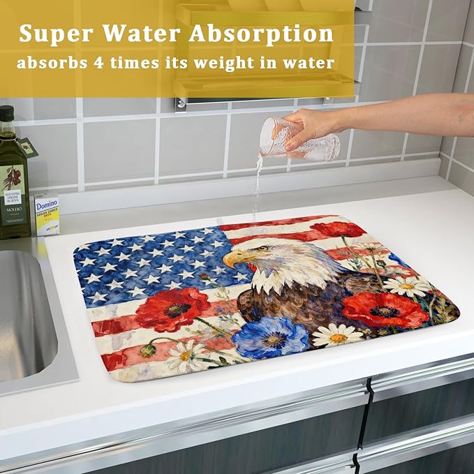 4th of July American Flag Eagle Dish Drying Mat for Kitchen Counter 18x24 Patriotic Floral Memorial Day Absorbent Reversible Microfiber Drying Mats Kitchen Countertop Protector Dishes Drainer Pad