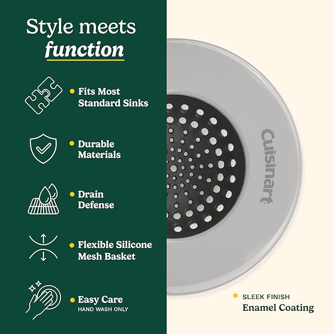 Cuisinart Sink Strainers- 2 Pack Kitchen Sink Drain Strainer & Food Catcher with Enamel-Coated Stainless Steel Rim and Silicone Base, Fits Standard 3.5" Drains, Outer Diameter 4.35", Scratch-Safe