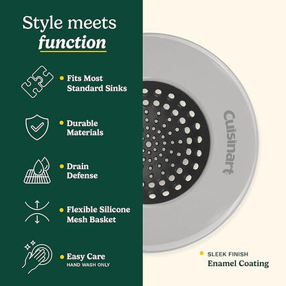 Cuisinart Sink Strainers- 2 Pack Kitchen Sink Drain Strainer & Food Catcher with Enamel-Coated Stainless Steel Rim and Silicone Base, Fits Standard 3.5" Drains, Outer Diameter 4.35", Scratch-Safe