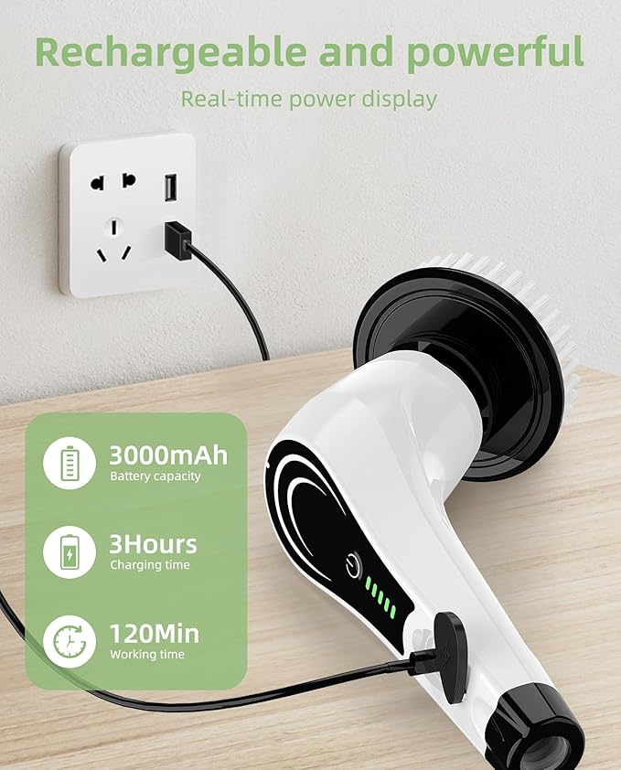 Electric Spin Scrubber, Cordless Power Scrubber with Replaceable Brush Heads, 2-Speed Adjustable Handle Floor Machine Pads, IPX7 Waterproof Shower Scrubber for Bathroom, Tile, Tub, Teens, White-qe1