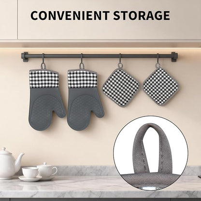 Tifanso Plaid Oven Mitts and Pot Holders 4-Piece Set, Oven Mitts Gloves Heat Resistant with Non-Slip Silicone Surface for Cooking Baking Grilling, Cotton Pot Holders Pads for Kitchen Cooking (Grey)