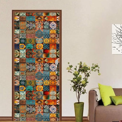 REDAMANCY Vintage Moroccan Ethnic Square Pattern Peel and Stick Door Stickers Vinyl 3D Door Mural Decals Decor Wallpaper Self-Adhesive, Waterproof, Removable