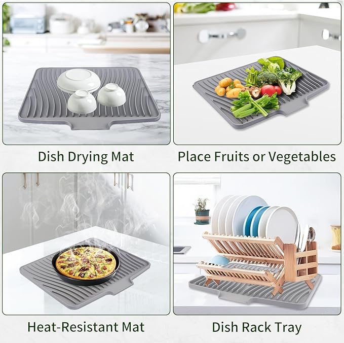 Silicone Dish Drying Mat 16x13 Multiple Usage,Easy clean,Eco-friendly,Heat-resistant Silicone Mat Dish Drying Mats For Kitchen Counter or Sink,Refrigerator or Drawer liner Grey 16inchx13inch