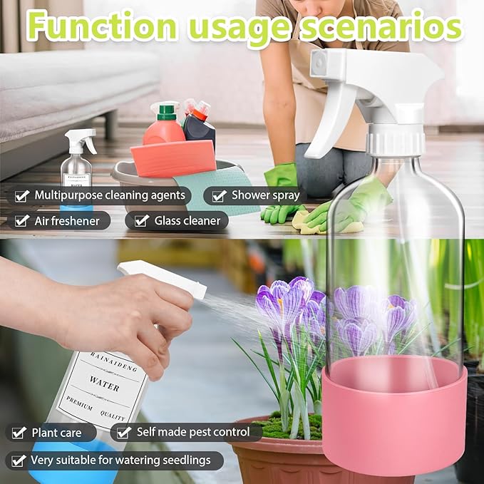Glass Spray Bottles, 16oz Refillable Containers, Adjustable Spray Nozzles, Spray Bottles for Hair, Solutions, Cleaning, Gardening, Aromatherapy, Pets, Hair -Clear