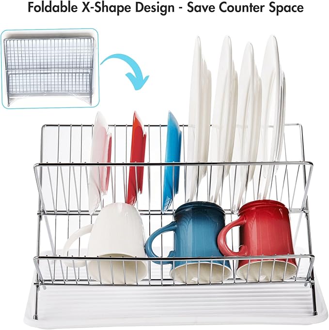 Youeon Foldable Dish Drying Rack with Drip Tray, Stainless Steel 2 Tier Dish Drainer Rack, Collapsible Dish Drainer, Folding Dish Rack for Kitchen Sink, Countertop, Cutlery, Plates, Dishes