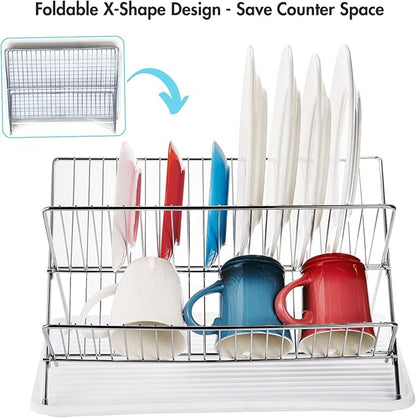 Youeon Foldable Dish Drying Rack with Drip Tray, Stainless Steel 2 Tier Dish Drainer Rack, Collapsible Dish Drainer, Folding Dish Rack for Kitchen Sink, Countertop, Cutlery, Plates, Dishes
