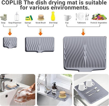 Silicone Dish Drying Mat for Kitchen Counter, Dish Drying Pad, Non-Slip Drain Pad with Built-in Drain, Heat Resistant Stone Drying Mat,Grey-1Set XL