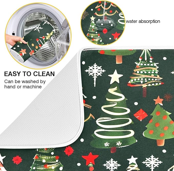 Christmas Tree Green Dish Drying Mat for Kitchen Counter Absorbent Microfiber Drying Pad, Medium 16x18 in