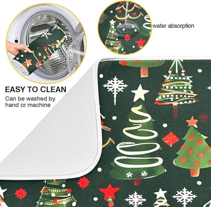 Christmas Tree Green Dish Drying Mat for Kitchen Counter Absorbent Microfiber Drying Pad, Medium 16x18 in