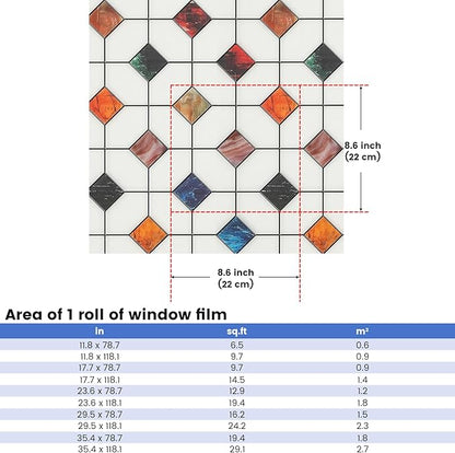 DKTIE Stained Glass Window Film Geometric Patterns, Fine Frosted Window Clings for Glass Windows, Waterproof for Bathroom Window Privacy Film Day and Night (S533, 35.4in X 118.1in)