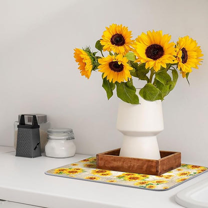 Zonon Dish Drying Mat for Kitchen Counter 16 x 24 Microfiber Absorbent Dish Drainer Rack Pads Fast Dry Mat Vintage Kitchen Decorations(Yellow,16" X 24",Sunflower)