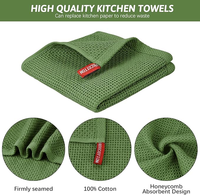 Nialnant 8 Pack Kitchen Towels,100% Cotton Cleaning Cloth,Waffle Weave Kitchen Wash Cloths for Dishes-12x12 Inch,Green