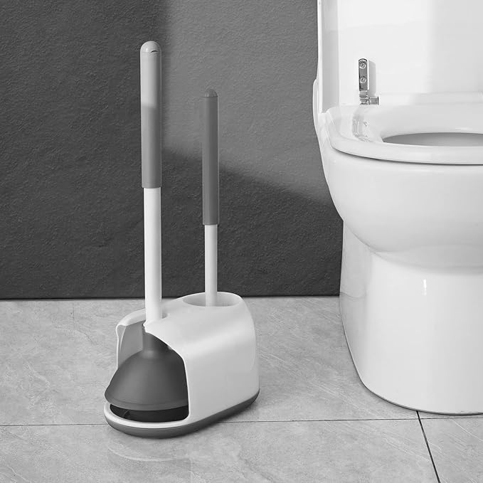 Eyliden Toilet Plunger and Brush, 2 in 1 Toilet Bowl Brush Plunger Set with Holder, Bathroom Cleaning Tools Combo with Caddy Stand, Nylon Bristles, Shatter-Resistant Plastic, White