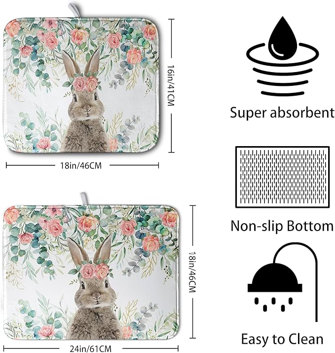 Easter Rabbit Dish Drying Mats for Kitchen Counter Easter Spring Watercolor Floral Bunny Absorbent Dish Drying Mat 18x24 Inch Absorbent Reversible Reusable Washable Dishes Drainer Mats
