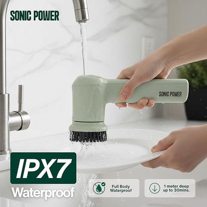 Electric Spin Scrubber – Handheld & Ergonomic, IPX7 Waterproof, 4 Multi-Purpose Brush Heads, Long-Lasting Rechargeable Battery – Cleans Dishes, Bathroom, Tile, Grout & Kitchen (Sage)