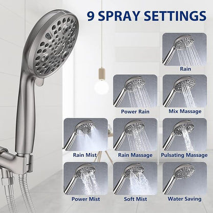 High Pressure 10-Setting Handheld Shower Head, 5" Detachable Shower Spray, 79" Extra Long Stainless Steel Hose, Adjustable Bracket - Brushed Nickel