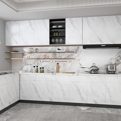 JSEVEM 16"×197" Thick White and Grey Marble Wallpaper Peel Stick Waterproof White Gray Marble Contact Paper Vinyl Glossy Self Adhesive Granite Tile Stickers for Kitchen Cabinets Bathroom Countertops