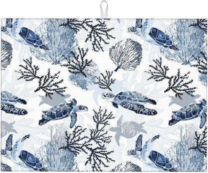 Navy Blue White Sea Turtle & Coral Dish Drying Mats for Kitchen Counter & Sink, Absorbent Microfiber Drying Pad for Dishes, Foldable Nautical Kitchen Mat for Dining Area & Home Decor, 18" x 24"