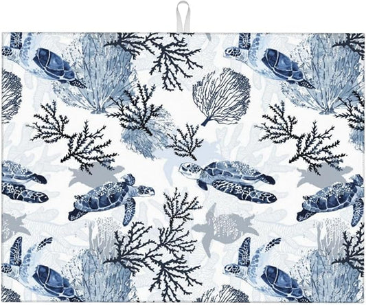 Navy Blue White Sea Turtle & Coral Dish Drying Mats for Kitchen Counter & Sink, Absorbent Microfiber Drying Pad for Dishes, Foldable Nautical Kitchen Mat for Dining Area & Home Decor, 18" x 24"