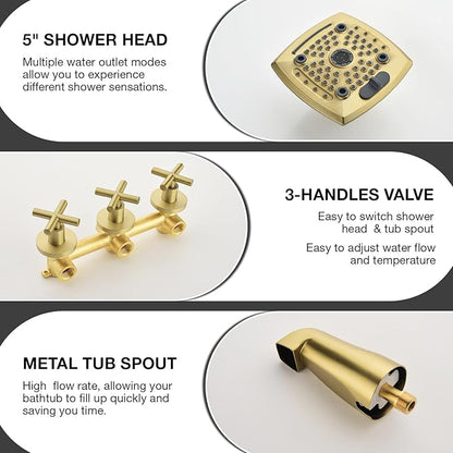 3 Handle Shower Faucet Set with Tub Spout 6-Spray Shower Head and Handle Set Shower Trim Kit with Rough-in Valve Bathroom Shower Faucet Valve Trim Kit Shower System Brushed Gold