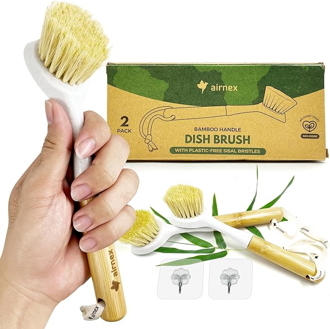 Bamboo Dish Brush Set of 2 - Dishwasher Brush w/Handle Made of Wheat Straw & Sisal Bristles - Non Scratch Kitchen Scrub Brush for Dishes, Pots & Pans - Dish Scrubber w/Plastic Free Bristles