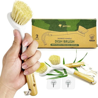 Bamboo Dish Brush Set of 2 - Dishwasher Brush w/Handle Made of Wheat Straw & Sisal Bristles - Non Scratch Kitchen Scrub Brush for Dishes, Pots & Pans - Dish Scrubber w/Plastic Free Bristles