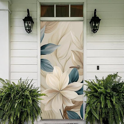 REDAMANCY Cream White Floral Modern Peel and Stick Door Stickers Vinyl 3D Door Mural Decals Decor Wallpaper Self-Adhesive, Waterproof, Removable