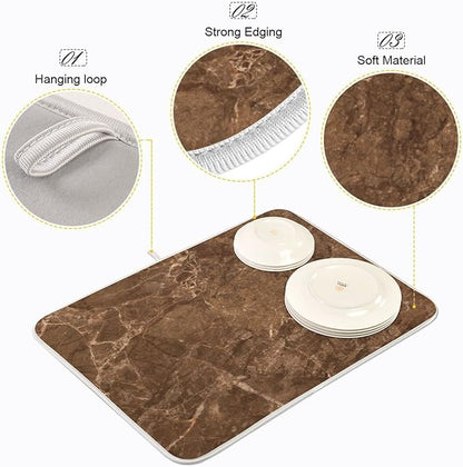 Brown Marble Texture Absorbent Dishes Drainer/Rack Mat for Countertop Small Size 16 x 18, Microfiber Dish Drying Pads Kitchen Counter Draining Pad