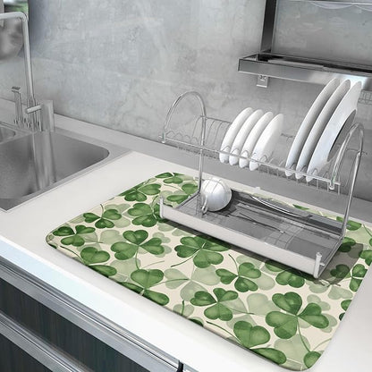 St Patrick's Day Dish Drying Mat for Kitchen Counter 18x24 Saint Patricks Clover Shamrock Green Print Absorbent Reversible Microfiber Drying Mats Kitchen Countertop Protector Dishes Drainer Rack Pad