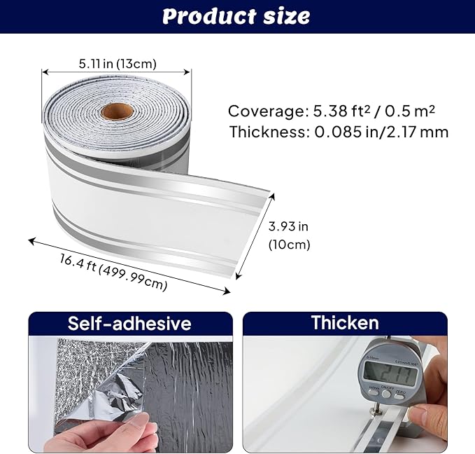 Thick Peel and Stick Baseboard Trim, 3.93" x 196.8" Wallpaper Borders, PVC+XPE Self-Adhesive Mirror Border for Interior Decor, Bathroom, Kitchen & Living Room, 1 Roll