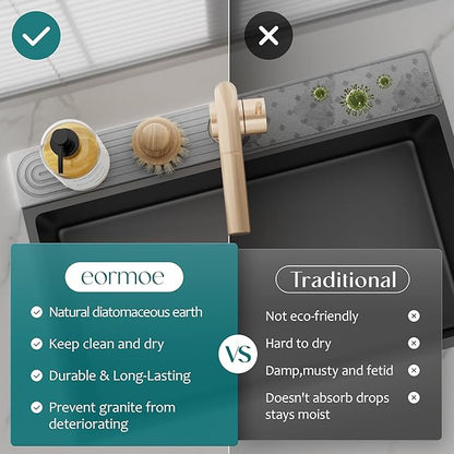 eormoe Faucet Mat for Kitchen Sink - Wider Diatomite Fast Drying Stone Sink Tray, Super Absorbent, Prevents Moisture Buildup - Faucet Splash Guard for Bathroom Counter (Grey, 15x5.3inch)