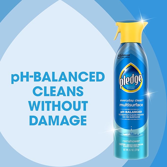 Pledge pH-Balanced Multisurface Spray, Gently Clean 101 Surfaces, Remove Dust and Messes, No Residue - Rainshower Scent, 9.7oz (Pack of 12)