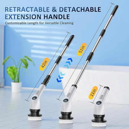 Electric Spin Scrubber Upgraded Battery with Extra-Long Runtime, IPX7 Waterproof Power Cleaner with 7 Brush Heads, 2 Speeds Adjustable Long Handle for Bathroom, Floor, Shower
