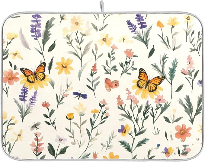 Watercolor Flowers Absorbent Dishes Drainer/Rack Mat for Countertop Small Size 16 x 18, Microfiber Dish Drying Pads Kitchen Counter Draining Pad