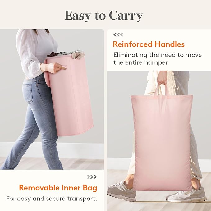 Lifewit 65L Slim Laundry Basket with Lid, Narrow Large Laundry Hamper with Plastic Handles and Removable Bag, Tall Foldable Dirty Clothes Hampers for Laundry Room, Bedroom, Bathroom, Dorm, Pink