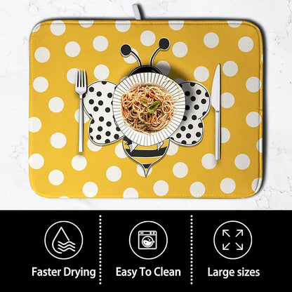 Bee Dish Drying Mat for Kitchen Counter 18x24 Inch Yellow Bumblebee Polka Dots Dishes Pad Cute Honey Bees Dish Draining Microfiber Absorbent Dish Drainer Rack Mat Large Kitchen Accessories
