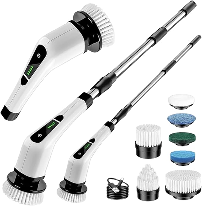 7-in-1 Electric Spin Scrubber with Long Extension Handle, Cordless Cleaning Brush with 2 Speeds, Power Scrubber with 7 Replaceable Brush Heads for Floor Tile,Bathroom,Shower Bathtub,Glass,Car etc.