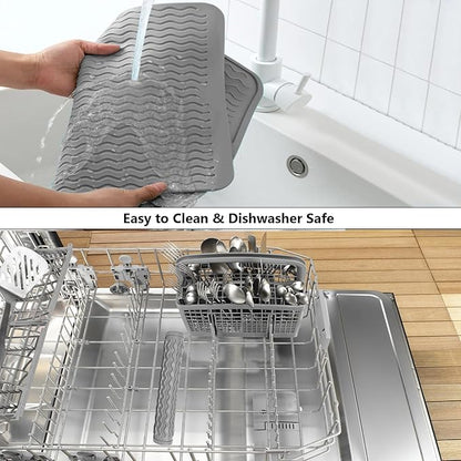 ZLR 2 Pcs Silicone Dish Drying Mat & Heat Resistant Trivet (12" x 16") - Waterproof Counter Protector for Coffee Maker - Non-Slip, BPA Free Kitchen Pad, Easy Clean Dishwasher Safe (Dark Gray)