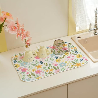 Spring Yellow Pink Blue Floral Dish Drying Mats 18x24 Inch Watercolor Flower Spring Drying Mats Seasonal Absorbent Drying Dish Pad Rack Drainer Mats for Kitchen Dining Room Counter Decorations