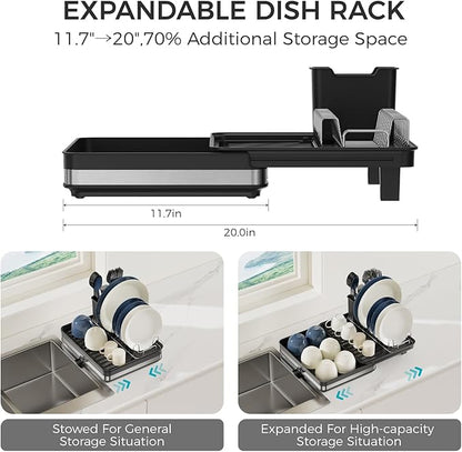 Sineng Expandable Dish Drying Rack,Stainless Steel Foldable Dish Rack with Cutlery Holder,Multifunctional Compact countertop Dish Drainer,Space Saving extendable Big Capacity Dish Holder