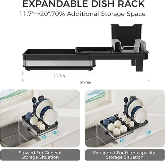 Sineng Expandable Dish Drying Rack,Stainless Steel Foldable Dish Rack with Cutlery Holder,Multifunctional Compact countertop Dish Drainer,Space Saving extendable Big Capacity Dish Holder