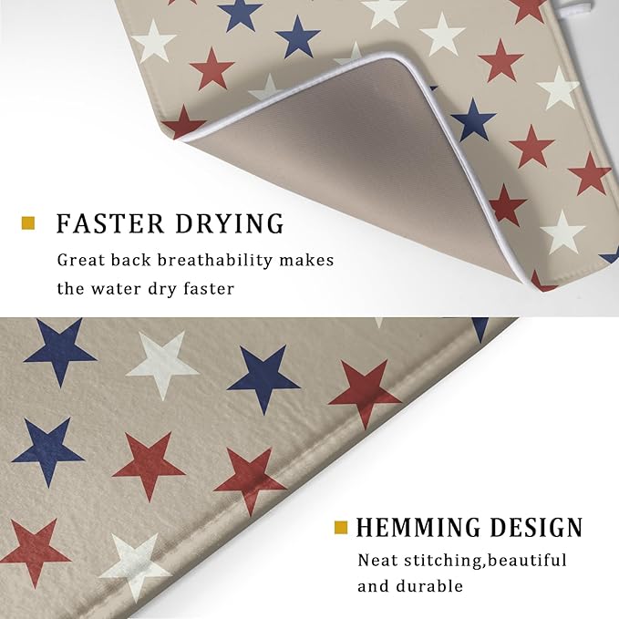 Patriotic July of 4th Blue Red White Star Dish Drying Mat for Kitchen Counter 18x24 Independence Day Absorbent Reversible Microfiber Drying Mats Kitchen Countertop Protector Dishes Drainer Rack Pad