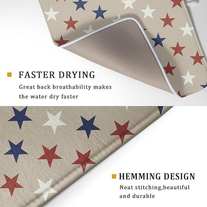Patriotic July of 4th Blue Red White Star Dish Drying Mat for Kitchen Counter 18x24 Independence Day Absorbent Reversible Microfiber Drying Mats Kitchen Countertop Protector Dishes Drainer Rack Pad