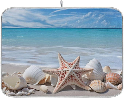 Starfishes Beach Seashells Dish Drying Mat for Kitchen Counter Absorbent Microfiber Drying Pad, Large 18x24 in