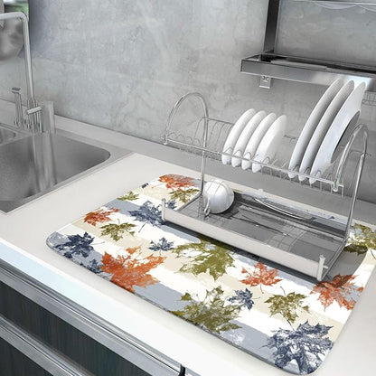 Autumn Colorful Maple Leaves Dish Drying Mat for Kitchen Counter,Blue and White Stripe Drying Mat 18 x 24 Inch with Absorbent Reversible Microfiber Dish Drying Pad Dish Rack Drainer Mat for Coffee Bar