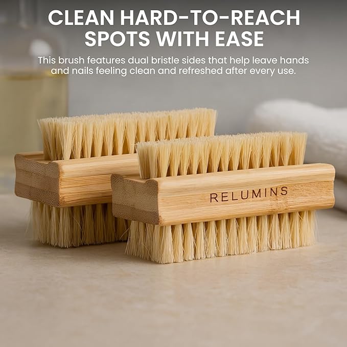 Relumins Dual Sided Nail Brush Bamboo Handle Bristle Exfoliating Tool for Hand Foot Care Grooming Travel Hygiene Use - 2 PC Set